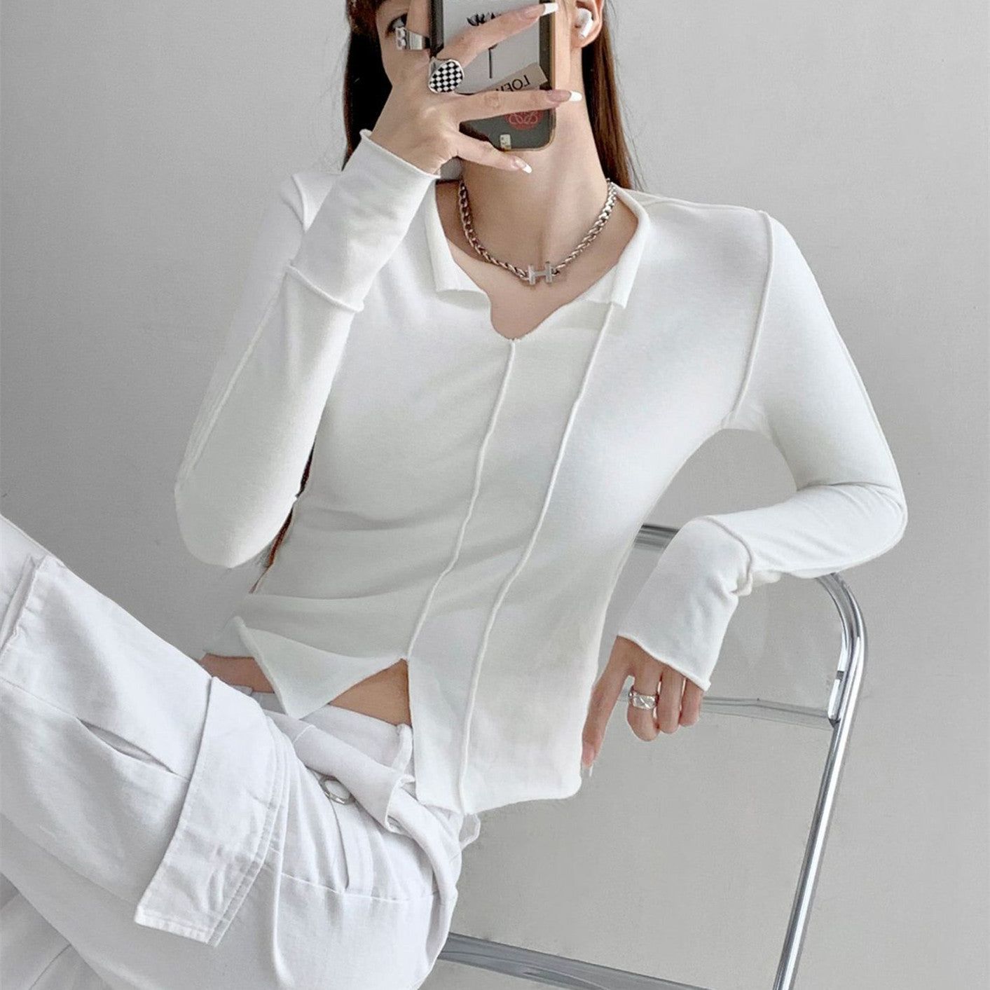 Women's Fashion Simple Solid Color Long Sleeve Bottoming Top