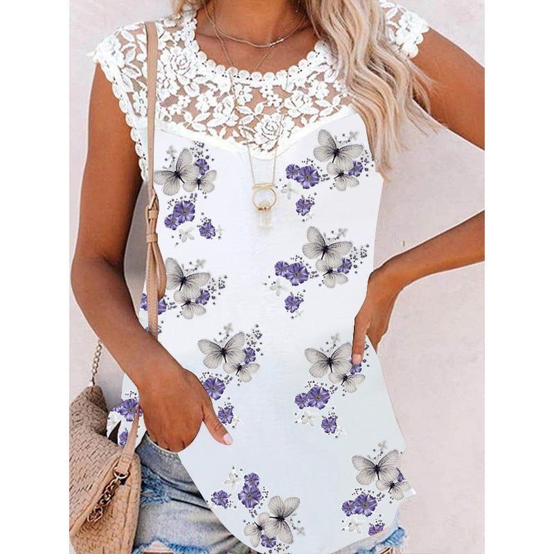 Summer Print Crew Neck Lace Trim Casual Loose Women's Tank Top