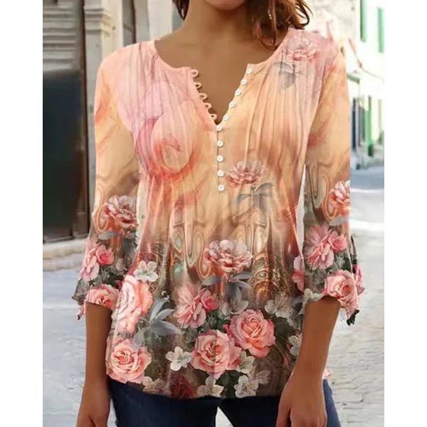 Women's Floral Printed V-neck Short Sleeve Button T-shirt