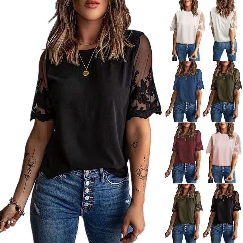 Women's Round Neck Short Sleeve Top Lace Chiffon Shirt