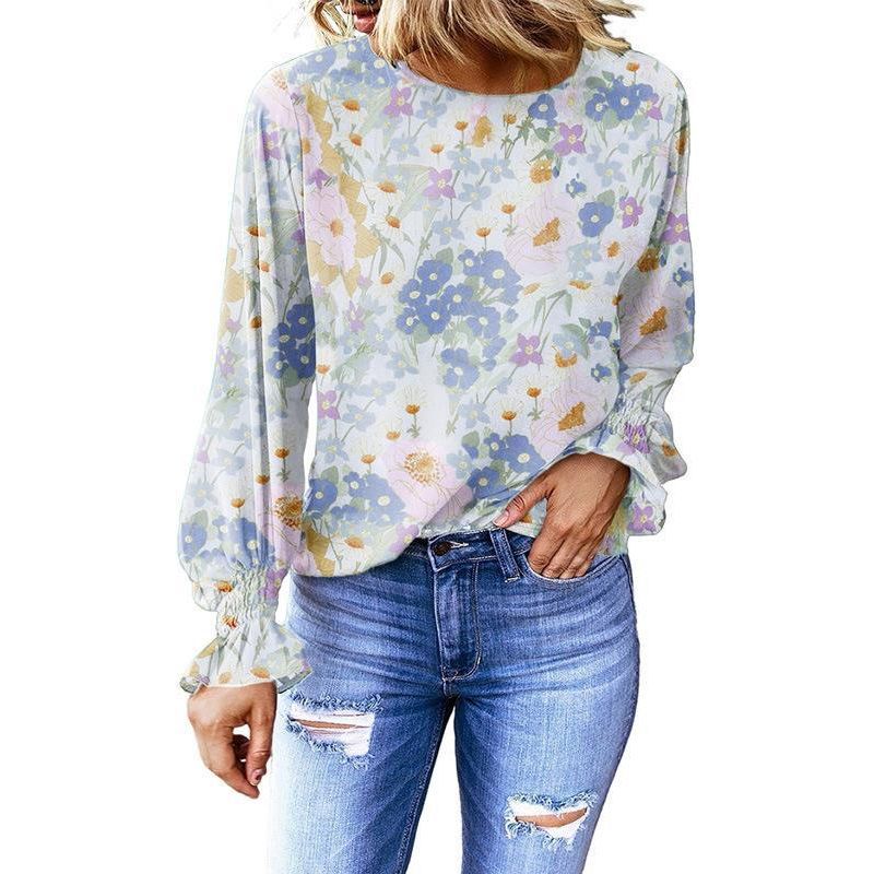 Women's Floral Round Neck Shirt Women's Lantern Sleeve Shirt - Jointcorp