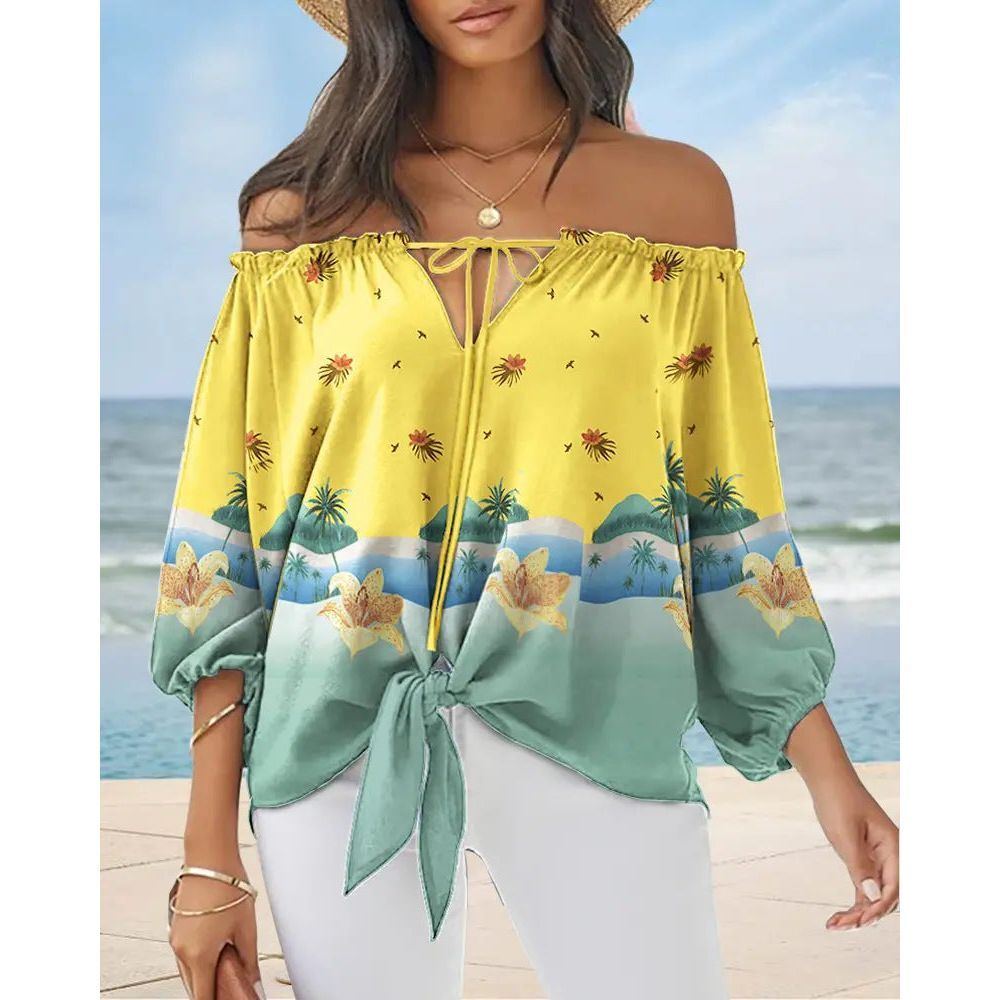 Sexy Off Shoulder Printed Chiffon Shirt Women Fashion Tied Detail Long Sleeve Pullover Tops Street Vintage Lady Blouse