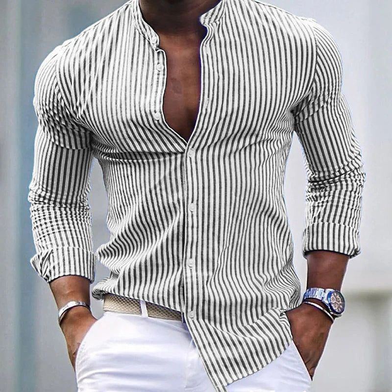 Casual Striped Youth Long Sleeve Shirt European Size Stand Collar Cardigan Shirt - Jointcorp