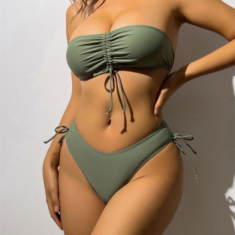 Drawstring Design Tube Bikini Summer Solid Color Sexy Swimsuit For Beach Party Womens Clothing