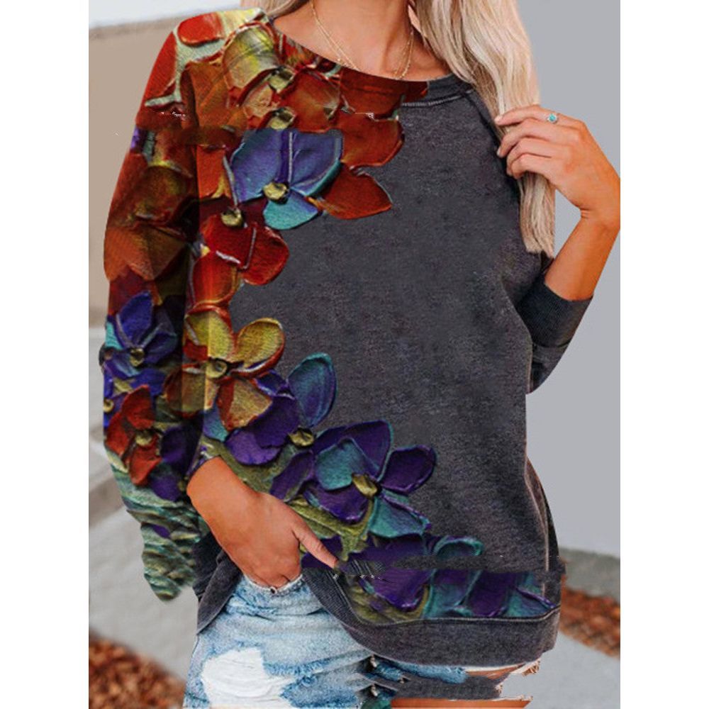 Women's Urban Casual Colorful Printed Long Sleeve Round Neck Pullover T-shirt