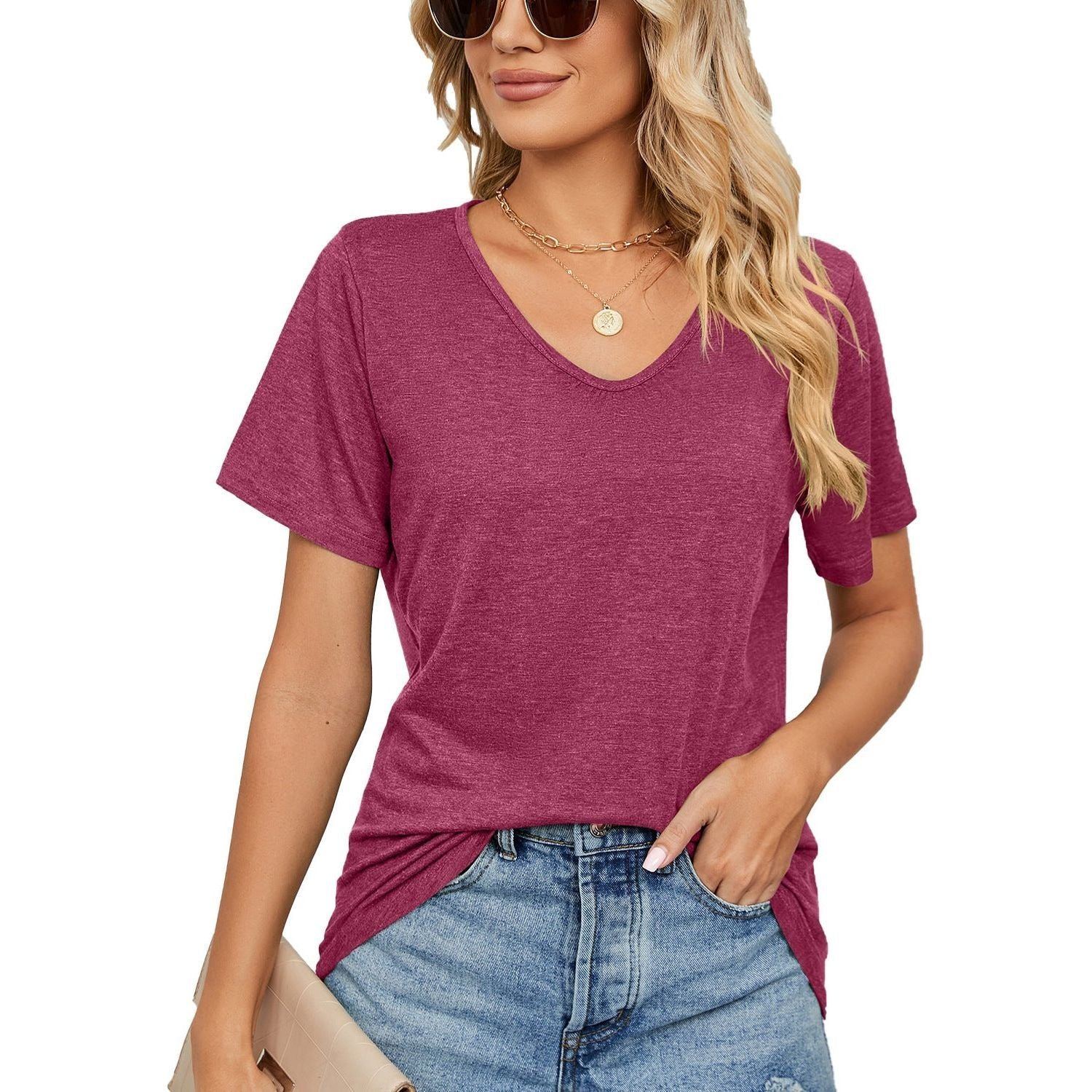 Spring Summer New Short Sleeves V-neck Pleated Solid Color Loose-fitting T-shirt Top Women