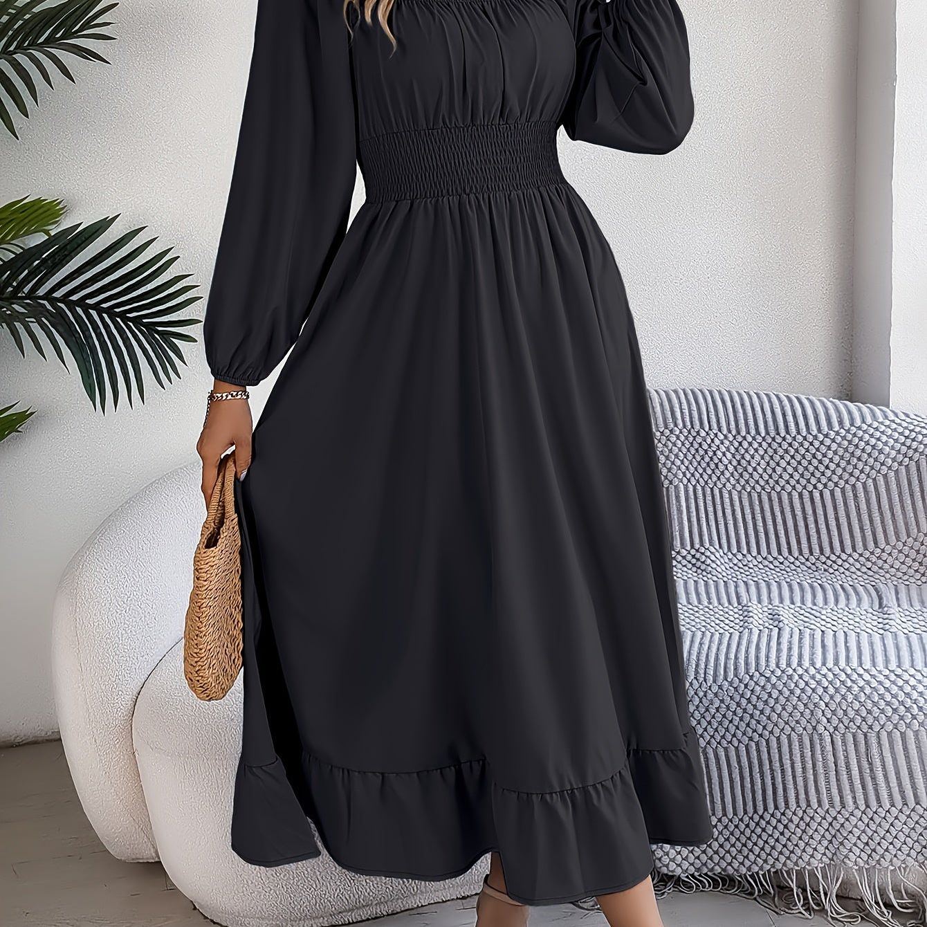 Ruffle Hem Square Neck Dress, Elegant Shirred Waist Long Sleeve Dress For Spring & Summer, Women's Clothing Wedding graduation engagement occasion ceremony party holiday vacation birthday