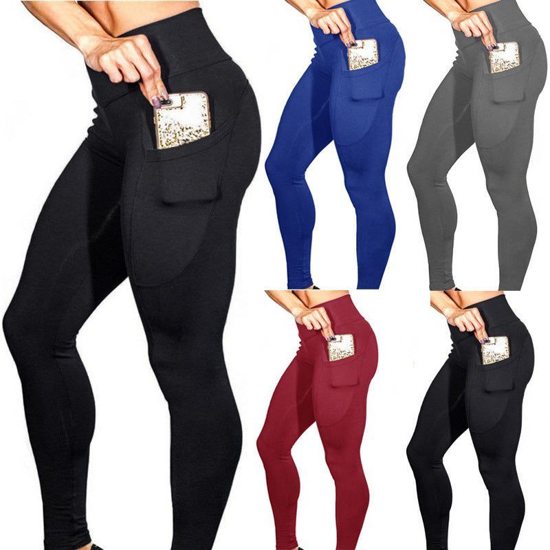 Mobile phone pocket leggings female solid color high elastic yoga hip high waist yoga pants - Jointcorp