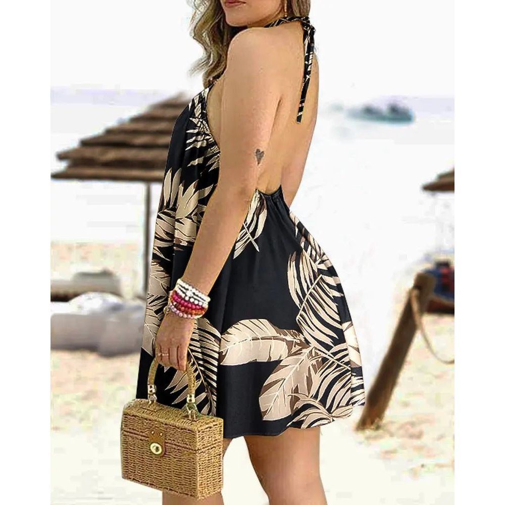 Printed Dress Summer Off-Shoulder Hanging Neck Sleeveless Sexy Dresses Women - Jointcorp