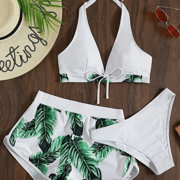 3pcs Leaf Print Bikini With Shorts Fashion Summer Beach Swimsuit Womens Clothing