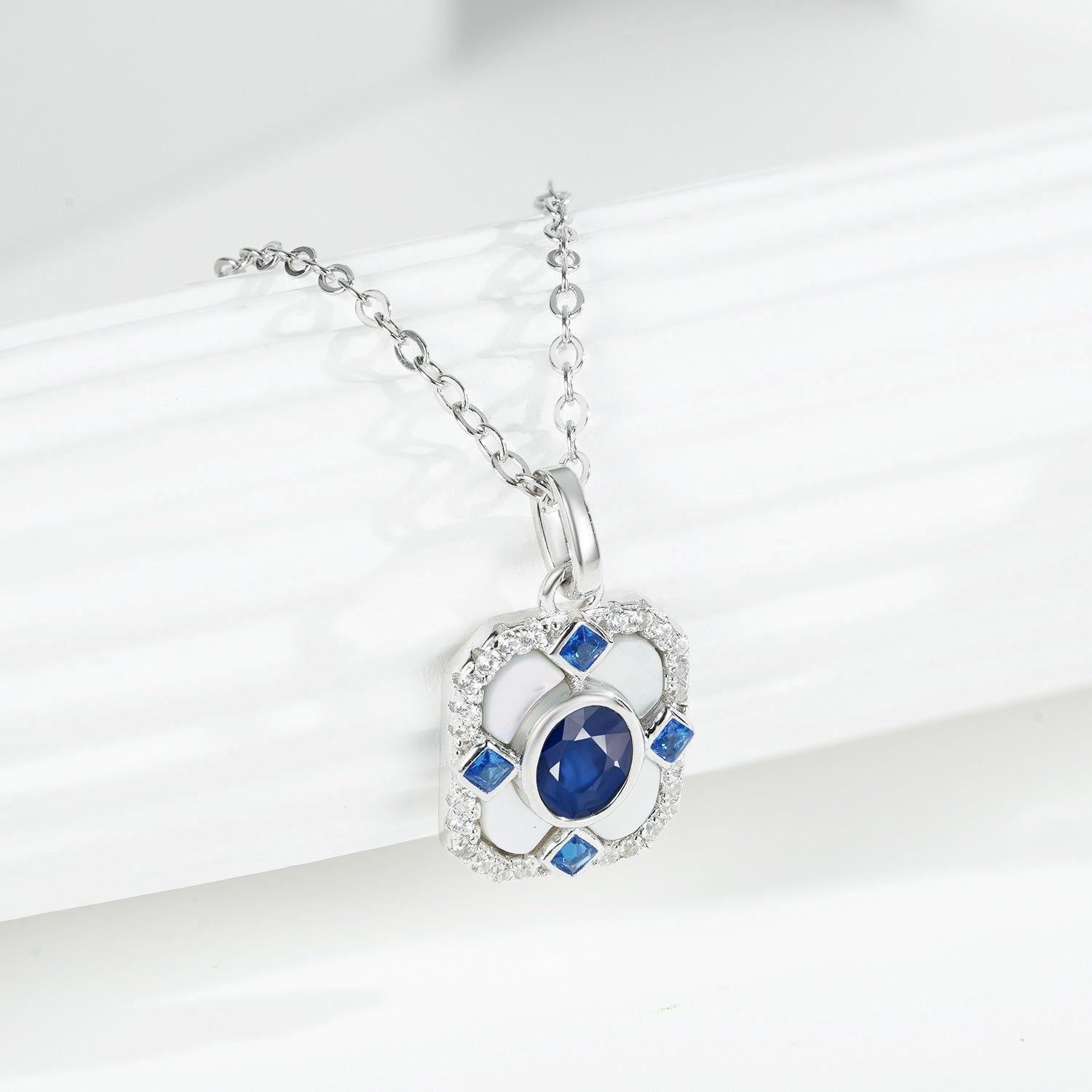 Light Luxury S925 Silver Square Pendant Necklace Natural Sapphire Inlaid - Jointcorp