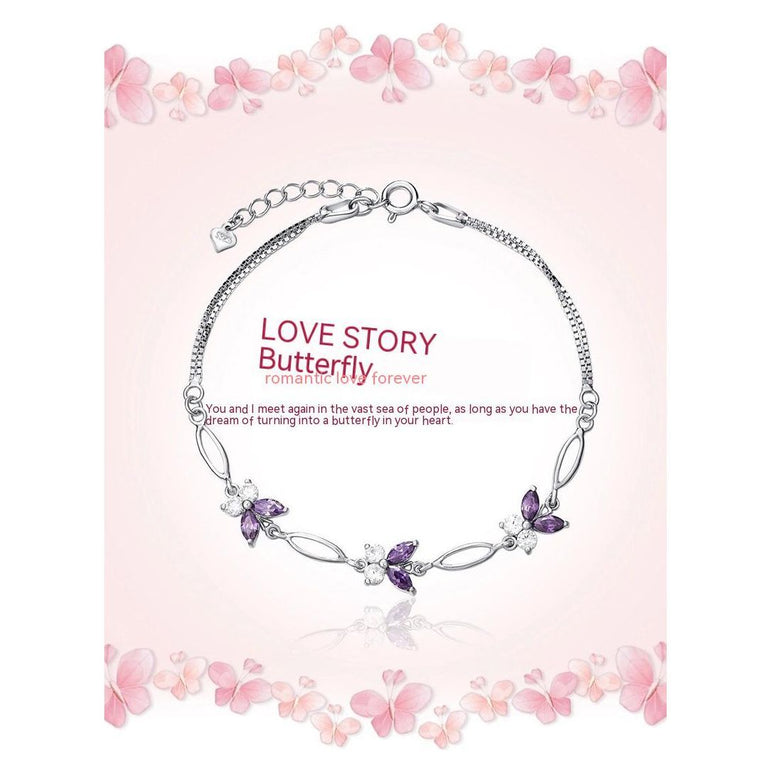 925 Sterling Silver Butterfly Amethyst Bracelet Fresh Butterfly Ornament - Jointcorp