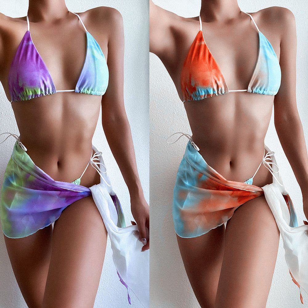 Three Piece Tie Dye Swimsuit With Strappy Bikini