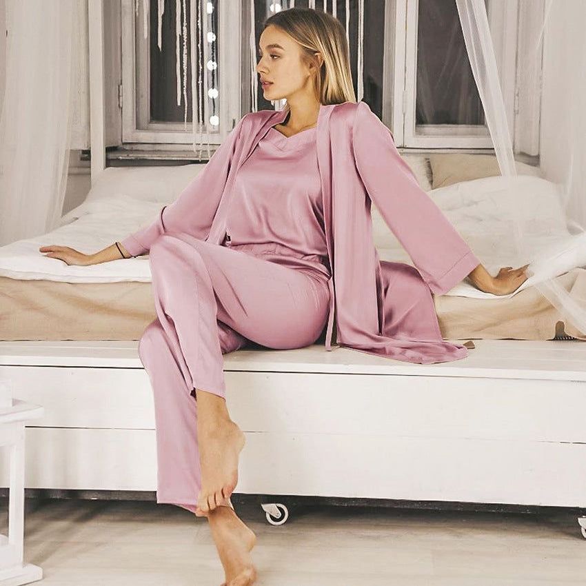 Satin Pink Simple Pajamas Suit Women Night Gown Pajamas Simulation Silk Home Service - Jointcorp