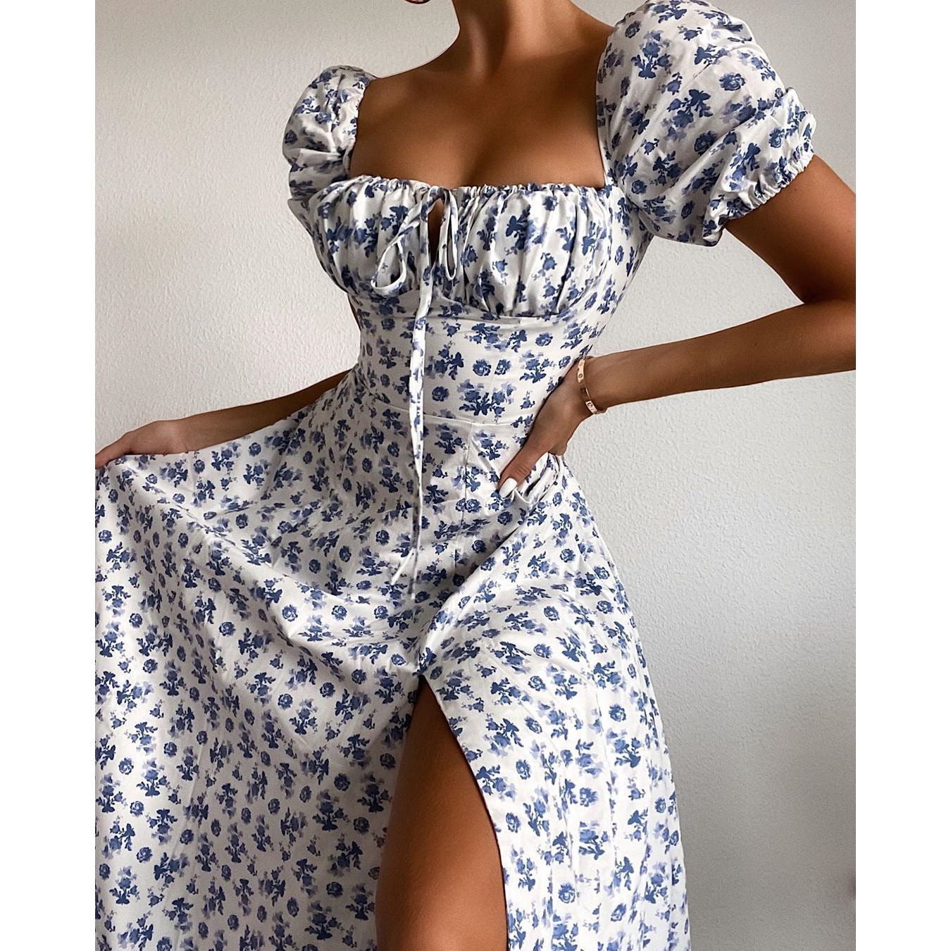 Yissang Floral Print Puff Short Sleeve Women Dress High Split Party Long Dresses Elegant Lace Up - Jointcorp