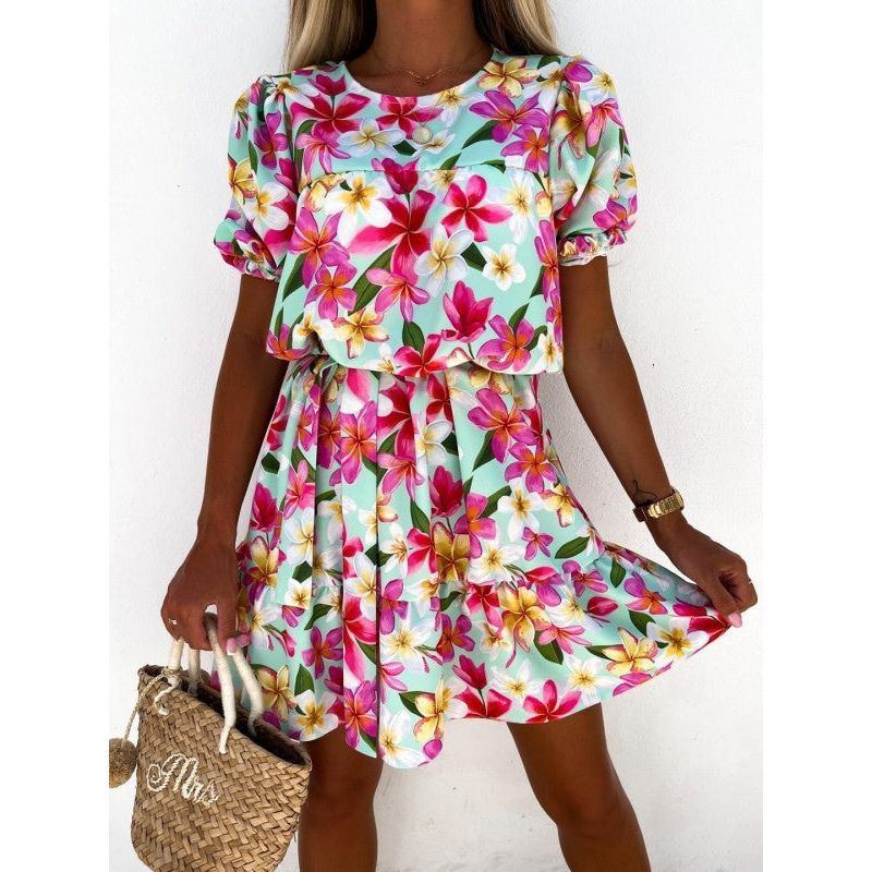 Printed Short Sleeve High Waist Casual Dress - Jointcorp