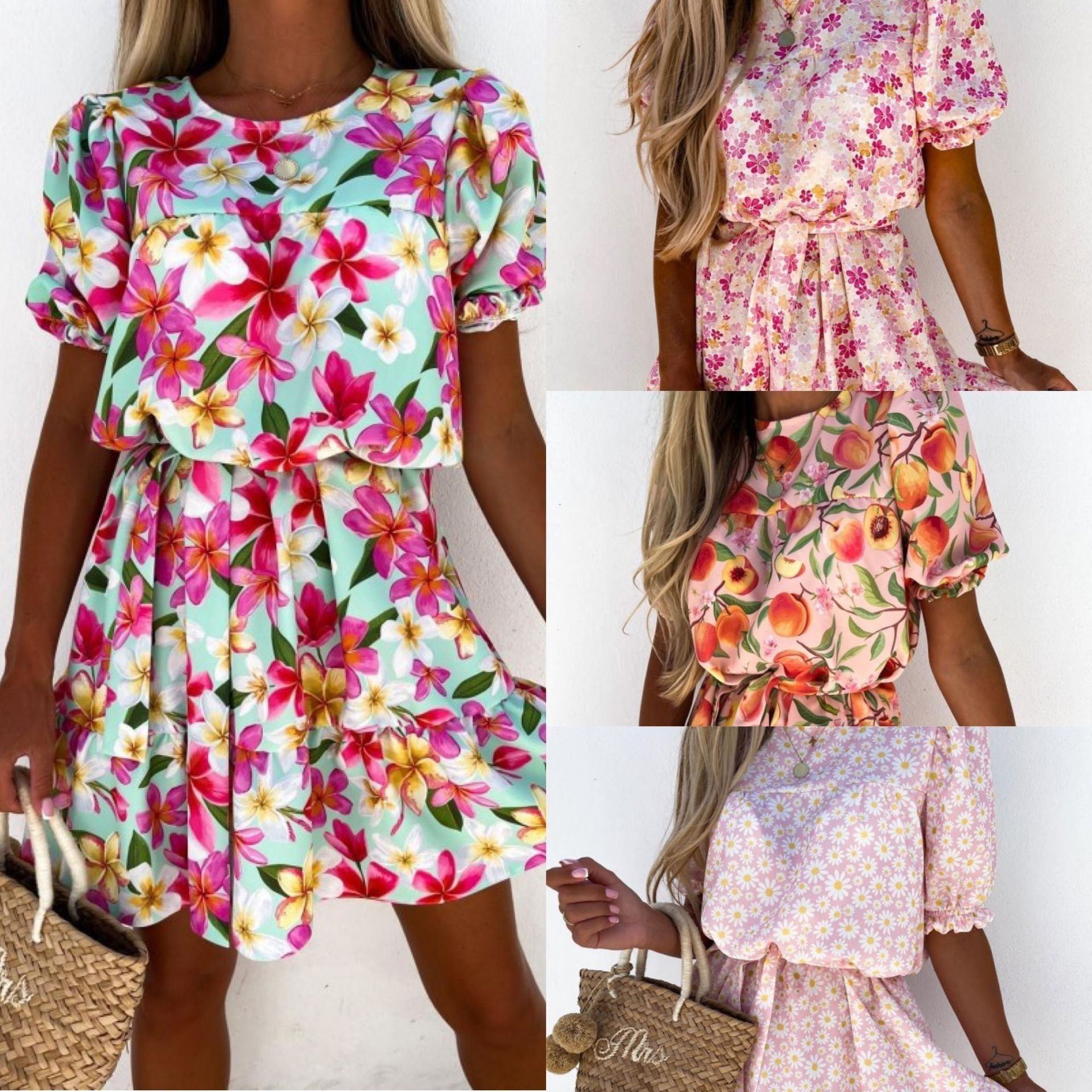 Printed Short Sleeve High Waist Casual Dress - Jointcorp