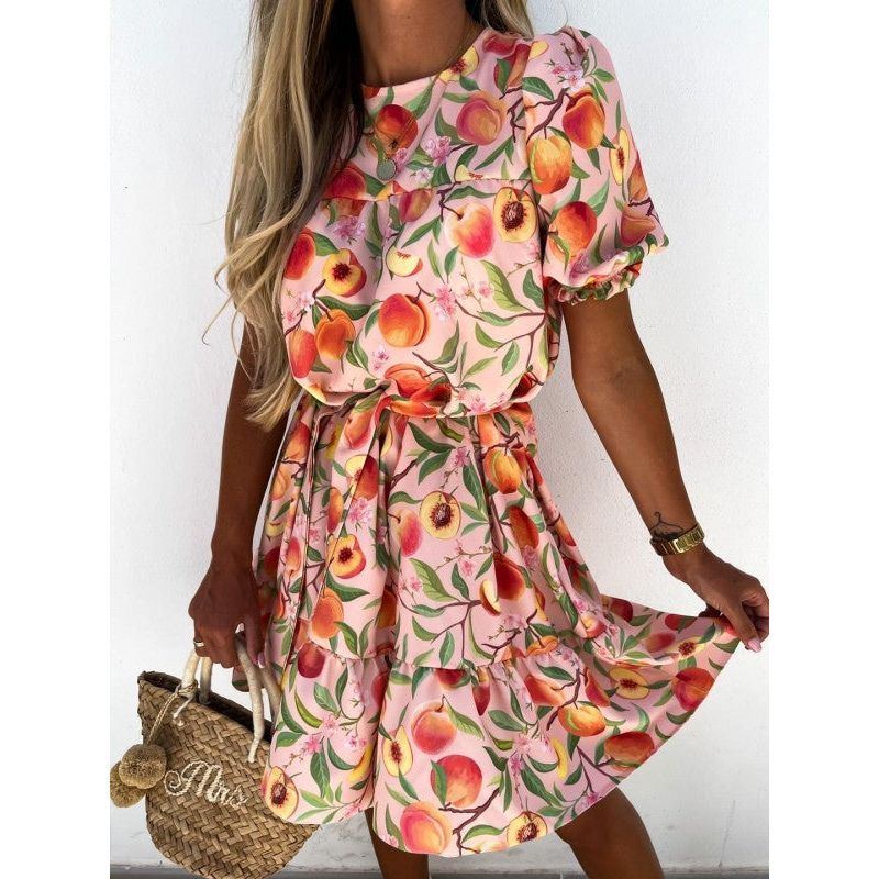 Printed Short Sleeve High Waist Casual Dress - Jointcorp