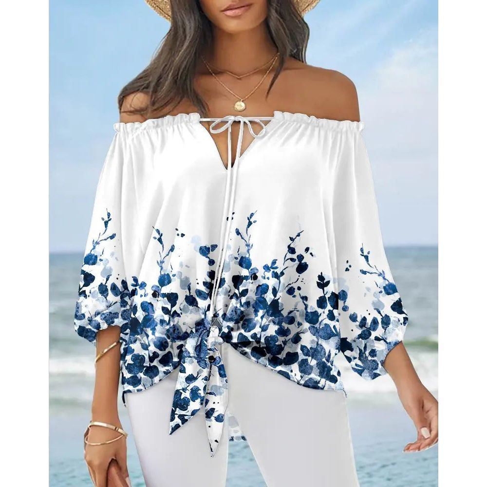 Sexy Off Shoulder Printed Chiffon Shirt Women Fashion Tied Detail Long Sleeve Pullover Tops Street Vintage Lady Blouse