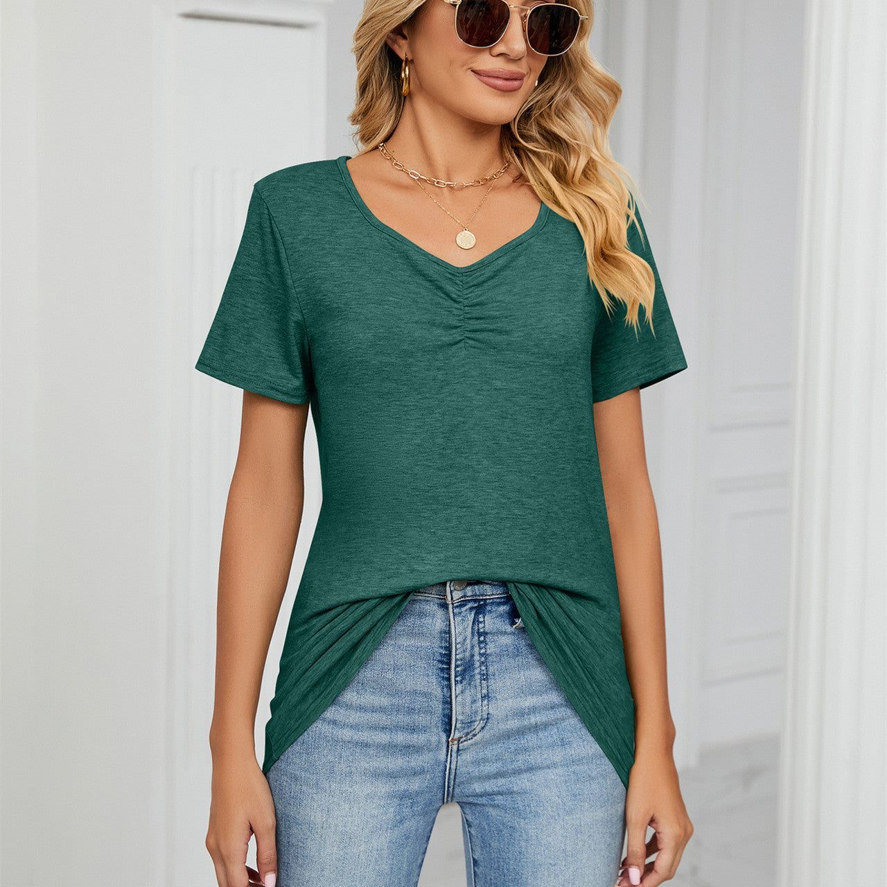 Women's Fashion V-neck Pleated Casual Solid Color Loose T-shirt - Jointcorp