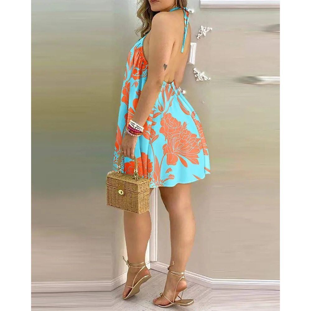 Printed Dress Summer Off-Shoulder Hanging Neck Sleeveless Sexy Dresses Women - Jointcorp