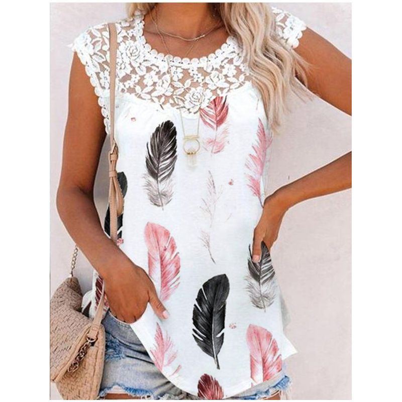 Summer Print Crew Neck Lace Trim Casual Loose Women's Tank Top