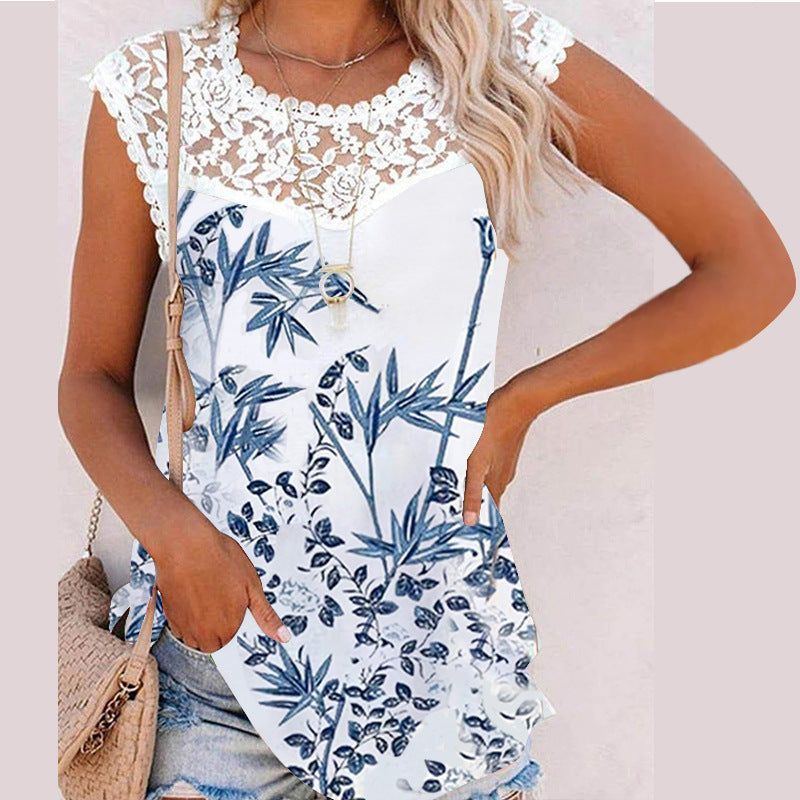 Summer Print Crew Neck Lace Trim Casual Loose Women's Tank Top