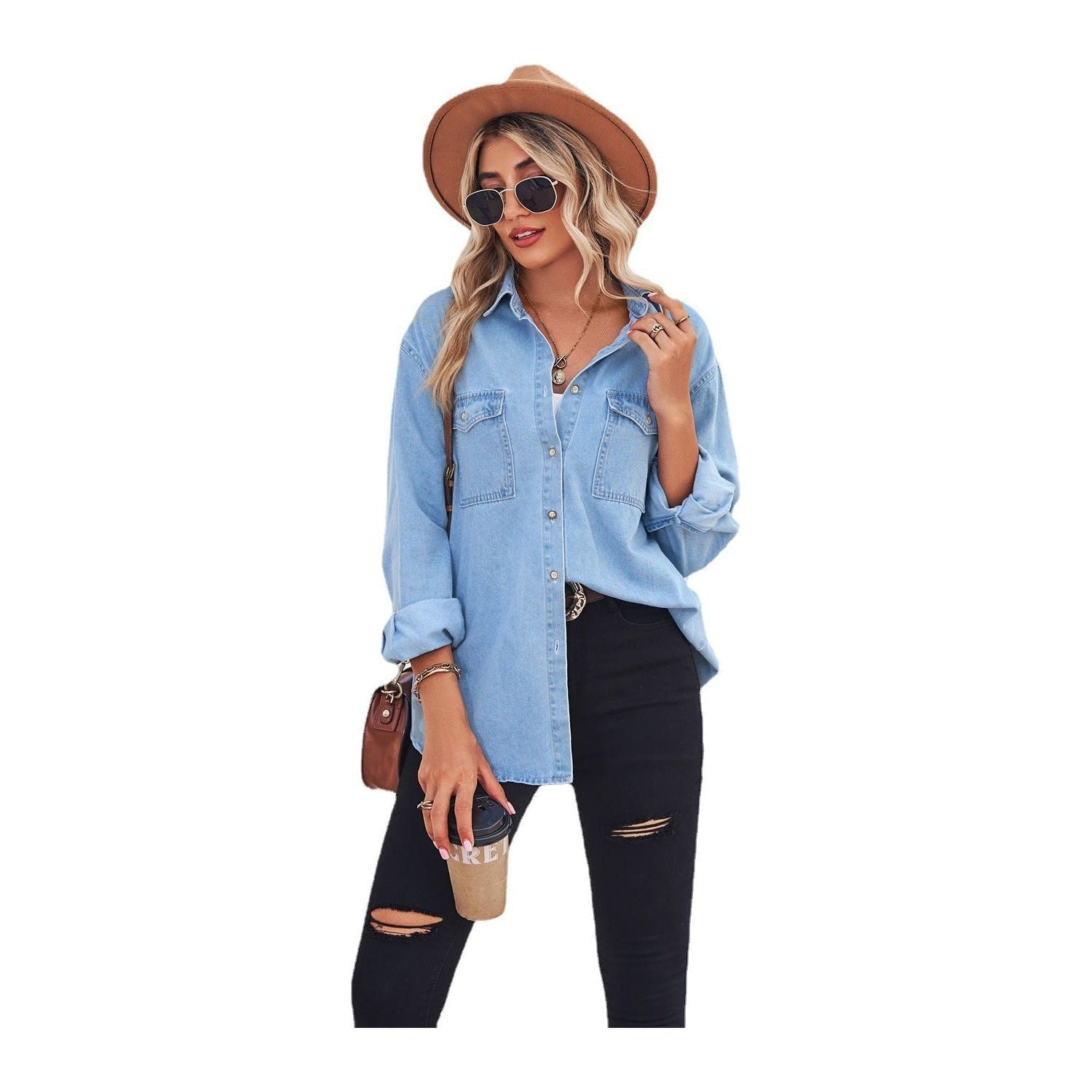 Women's Light Color Figure Flattering Thin Denim Long-sleeved Shirt - Jointcorp