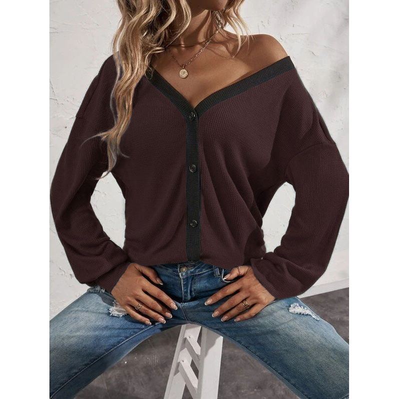 New Women's Top Waffle Long Sleeve Cardigan T-shirt