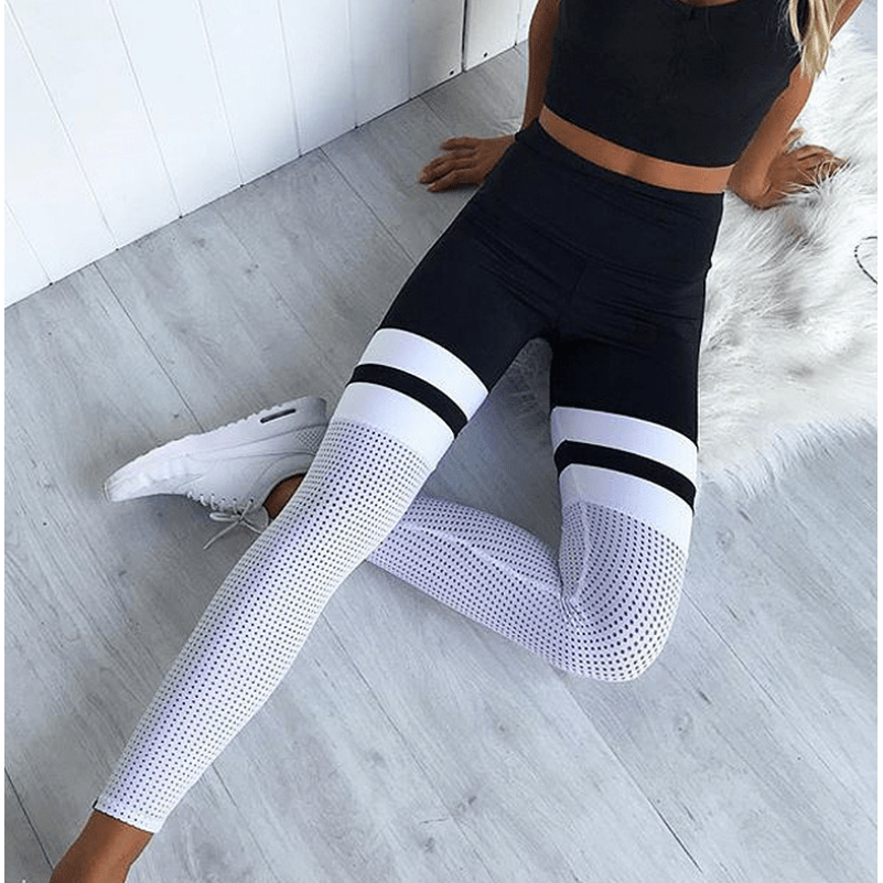 Yoga leggings black and white stitching hip breathable mesh yoga pants - Jointcorp