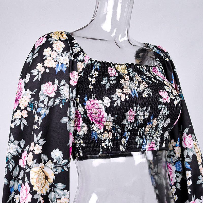 Women's Floral Flared Sleeve Tie Pleated Cropped Crop Top - Jointcorp