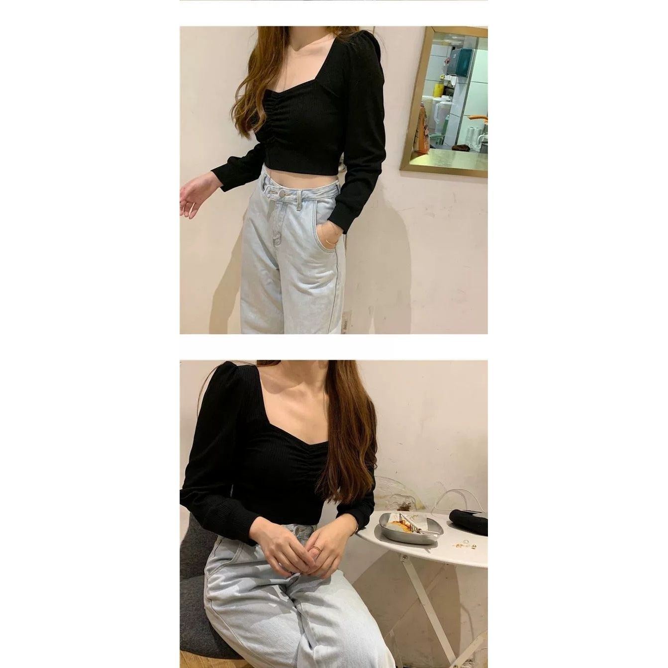 Bare Midriff High Waist Short Shirt Long-sleeved Shirt