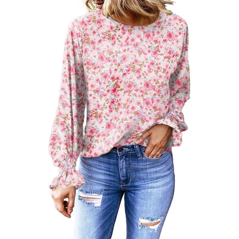 Women's Floral Round Neck Shirt Women's Lantern Sleeve Shirt - Jointcorp