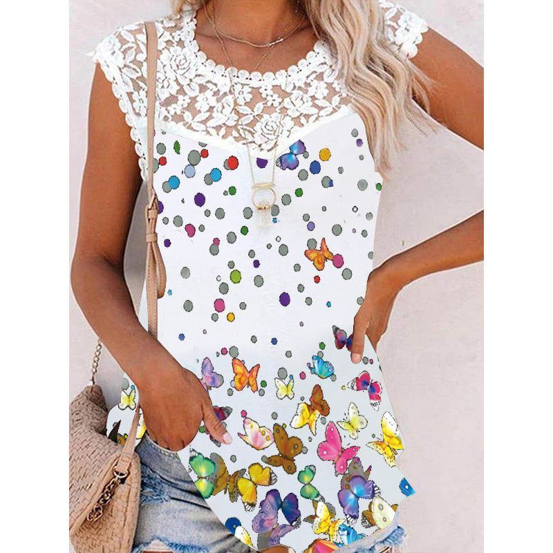 Summer Print Crew Neck Lace Trim Casual Loose Women's Tank Top