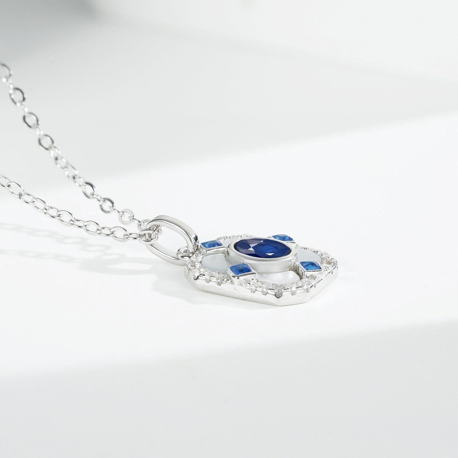 Light Luxury S925 Silver Square Pendant Necklace Natural Sapphire Inlaid - Jointcorp