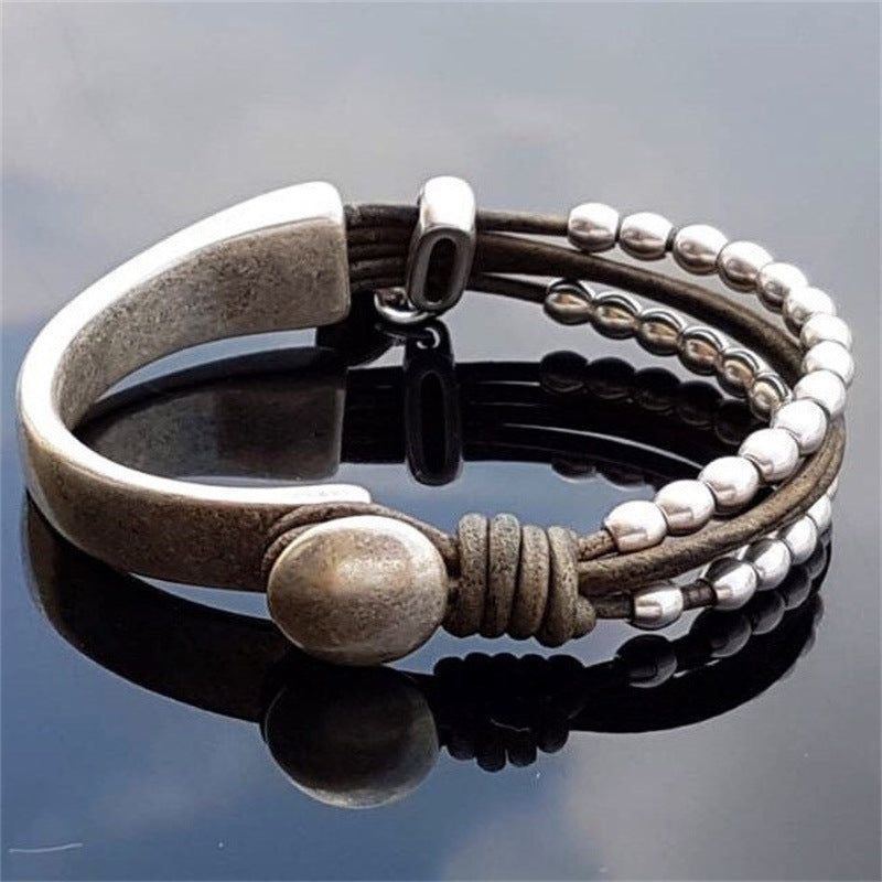 Double-layer Stitching Bracelet Minimalist Beaded Leather - Jointcorp