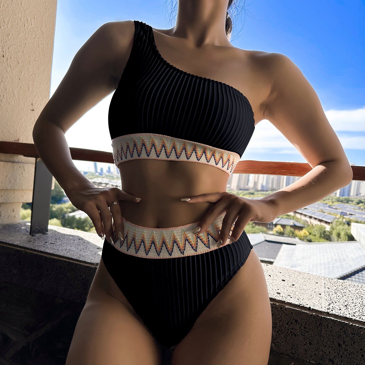 Sexy One-shoulder Bikini With Striped Pleated And Ripple Print Design Solid Color Summer Beach Swimsuit Womens Clothing