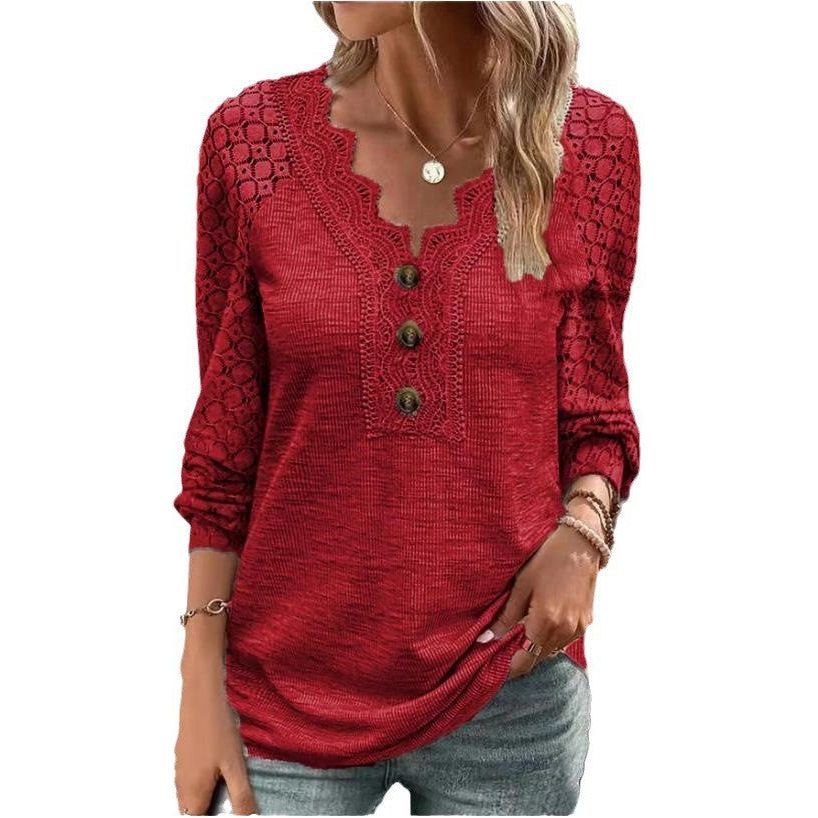 Women's Long Sleeve Shirt Leisure Pullover Slim Lace T-shirt