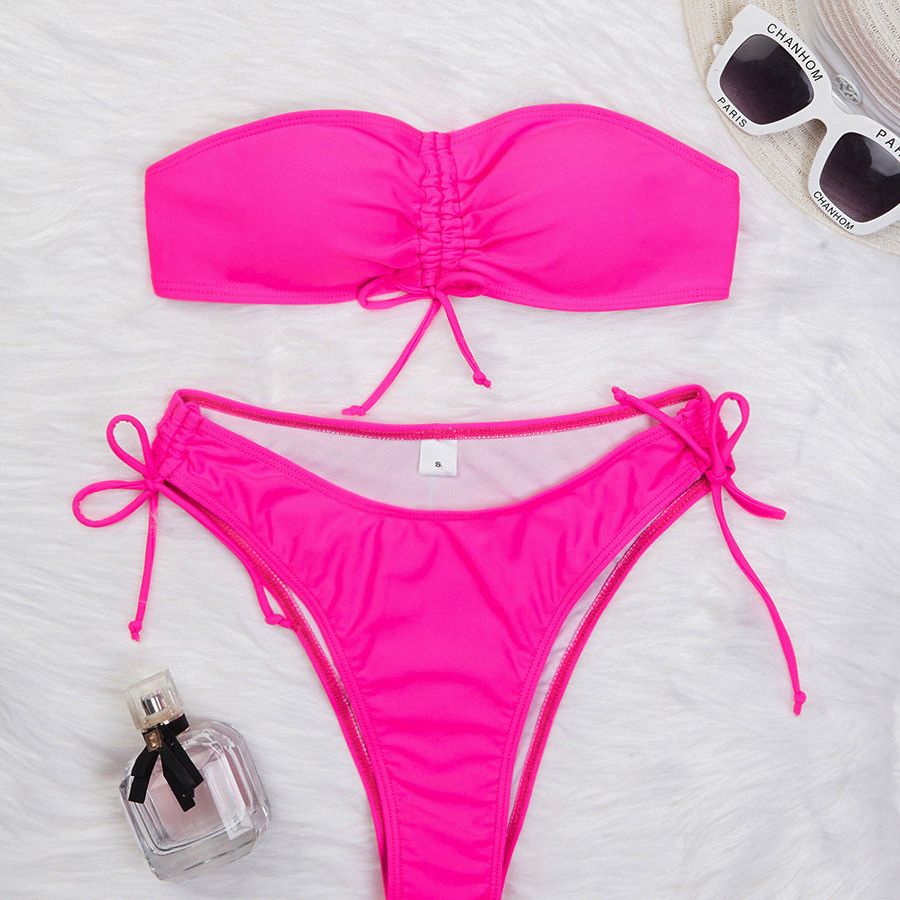 Drawstring Design Tube Bikini Summer Solid Color Sexy Swimsuit For Beach Party Womens Clothing