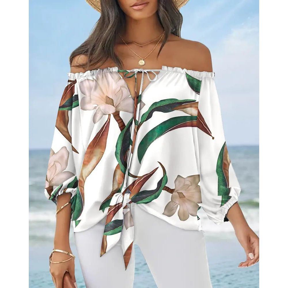 Sexy Off Shoulder Printed Chiffon Shirt Women Fashion Tied Detail Long Sleeve Pullover Tops Street Vintage Lady Blouse