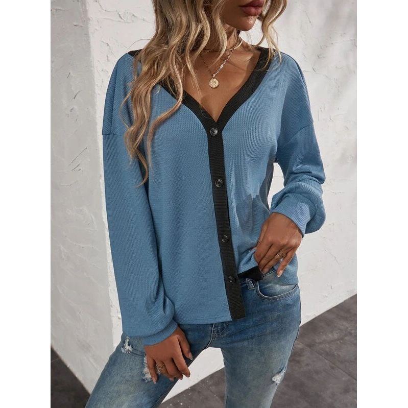 New Women's Top Waffle Long Sleeve Cardigan T-shirt