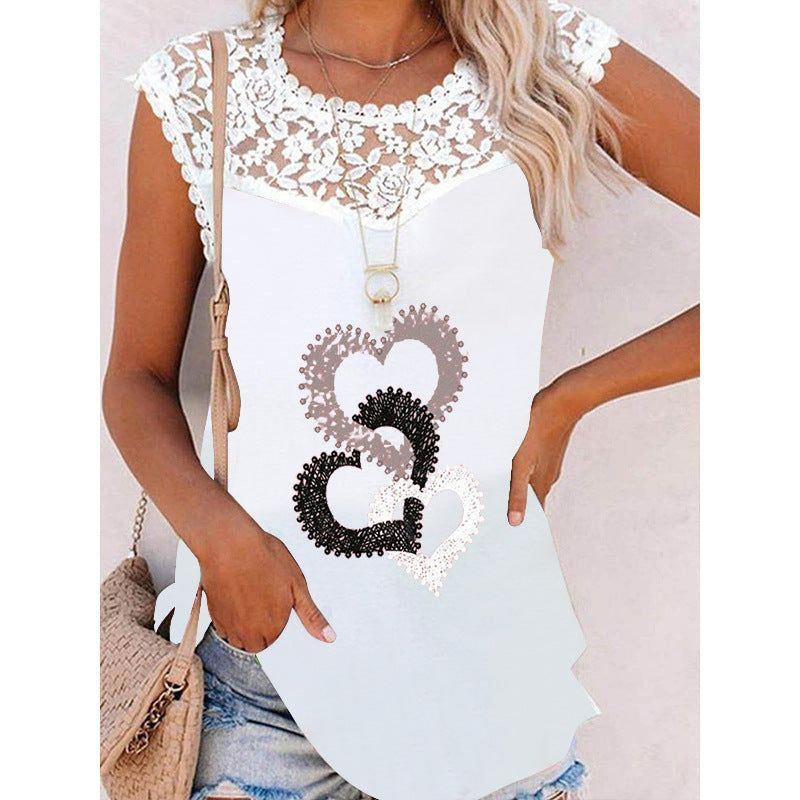 Summer Print Crew Neck Lace Trim Casual Loose Women's Tank Top