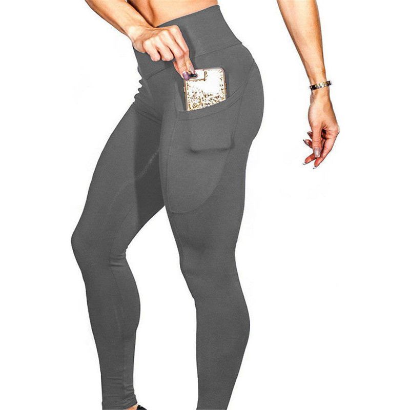 Mobile phone pocket leggings female solid color high elastic yoga hip high waist yoga pants - Jointcorp