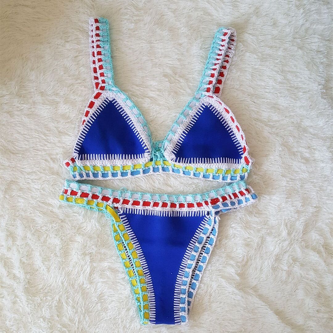 Europe And The United States Sexy Hand Crochet Colorful Bikini Set, Spell Color Rubber, Ladies Knitted Swimwear Wholesale