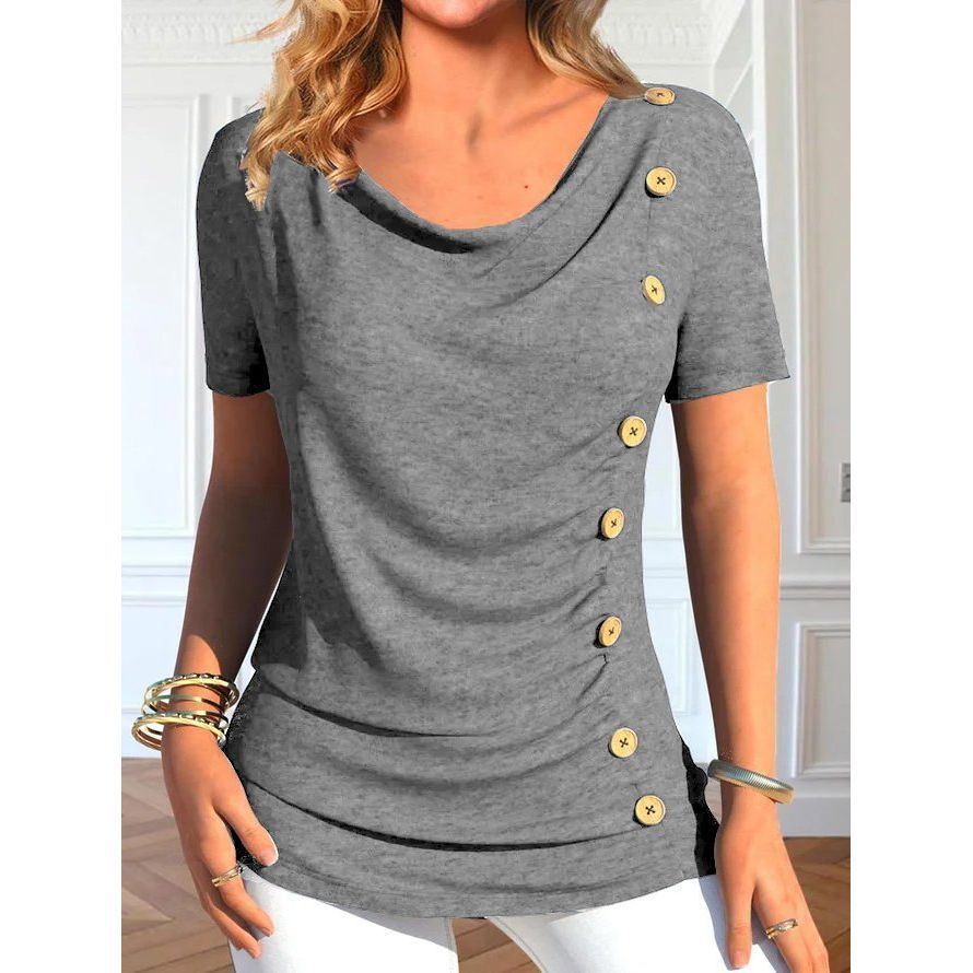 European And American Leisure Short Sleeve Button Solid Color T-shirt