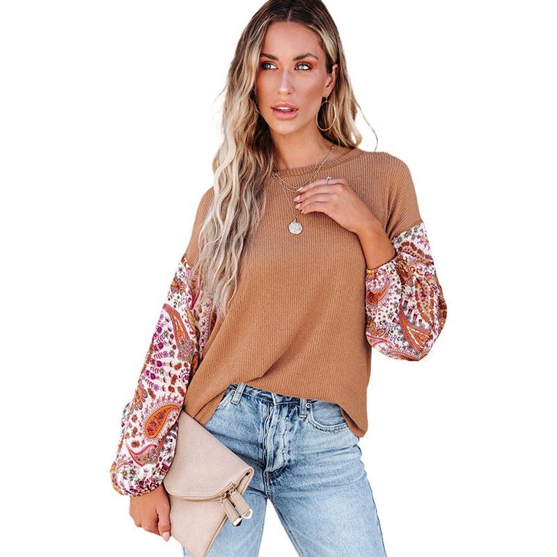 Women's Long Sleeve Printed Round Neck Pullover Loose Top