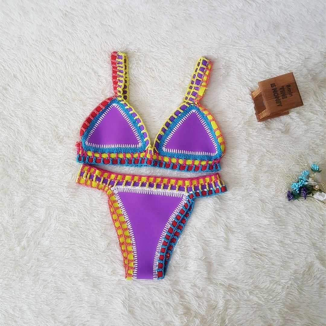 Europe And The United States Sexy Hand Crochet Colorful Bikini Set, Spell Color Rubber, Ladies Knitted Swimwear Wholesale