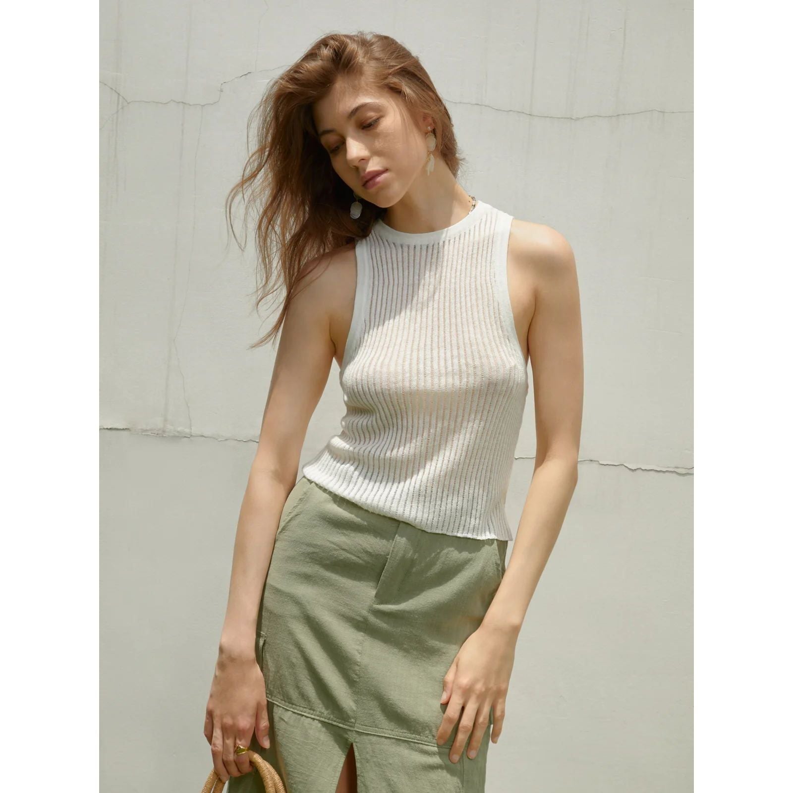 Women's Fashion Solid Color Rib Fabric Hollow Vest Slim Sleeveless Knitted Top