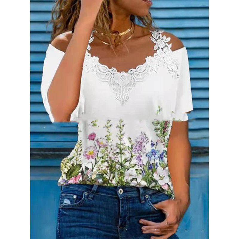 V Neck Lace Shoulder Drain Short Sleeve Casual