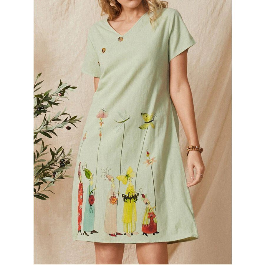 Digital Flower Print Button V-Neck Short Sleeve Dress - Jointcorp